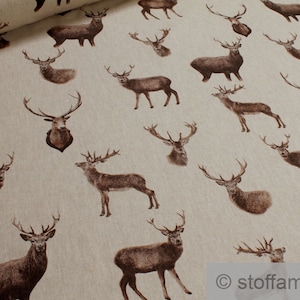 Fabric cotton polyester canvas nature dear dear head antlers linen look image 1