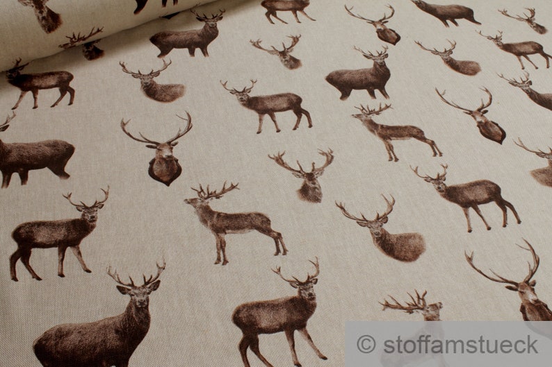 Fabric cotton polyester canvas nature dear dear head antlers linen look image 1