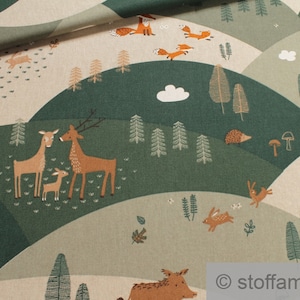 Fabric Children&#39;s fabric cotton polyester rib nature animal family linen look fox rabbit roe deer wild boar