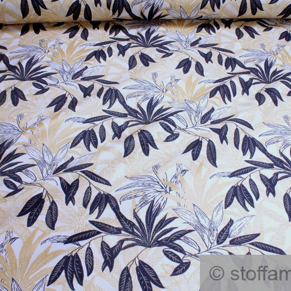 Tissu coton sergé feuilles de palmier écru feuillage marin