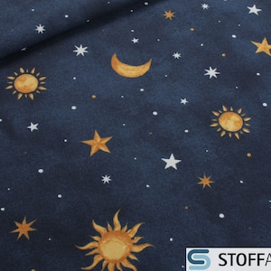 Fabric Cotton Polyester Canvas Navy Sun Moon Stars Glow in the Dark Linen Look