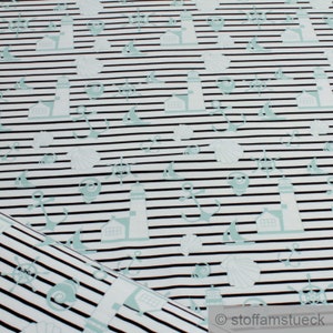 Fabric for children single jersey cotton elastane stripes white black maritime pastel turquoise