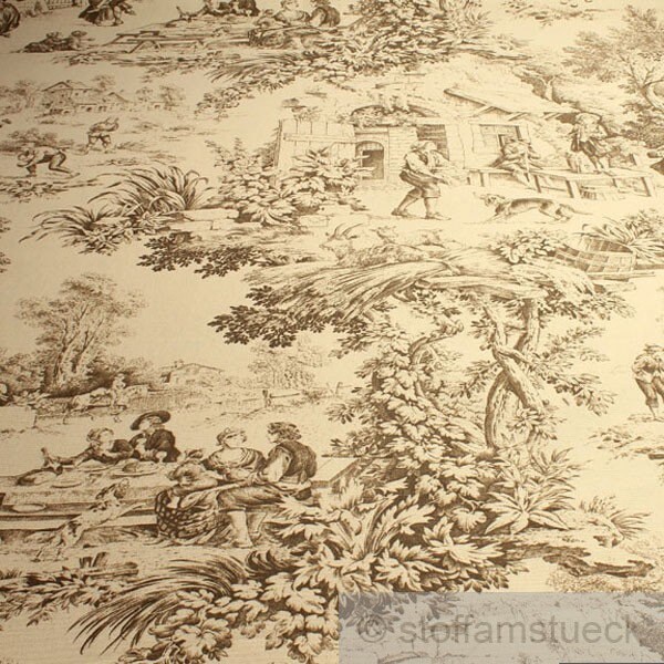 Tissu reps coton Toile de Jouy village beige marron personnage de village