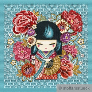 Fabric Cushion Panel Polyester Cotton Tapestry Turquoise Kokeshi Doll 50 cm x 50 cm Japan Kimono