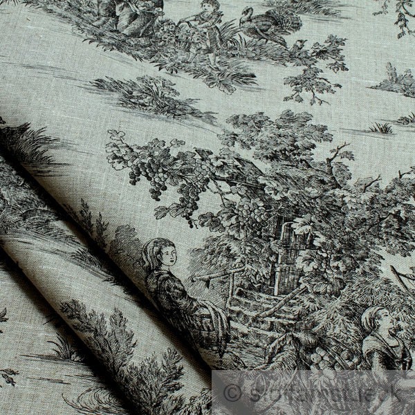 Tissu lin Toile de Jouy récolte naturel noir pur lin classique