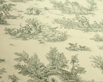 Fabric cotton Toile de Jouy rural ivory green country 280 cm wide