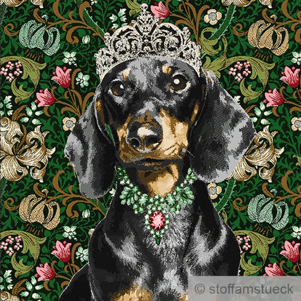 Fabric panel polyester cotton tapestry green dachshund 50 x 50 cm