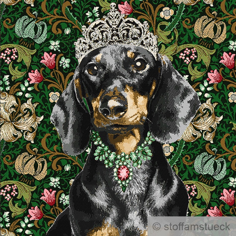 Fabric panel polyester cotton tapestry green dachshund 50 x 50 cm image 1