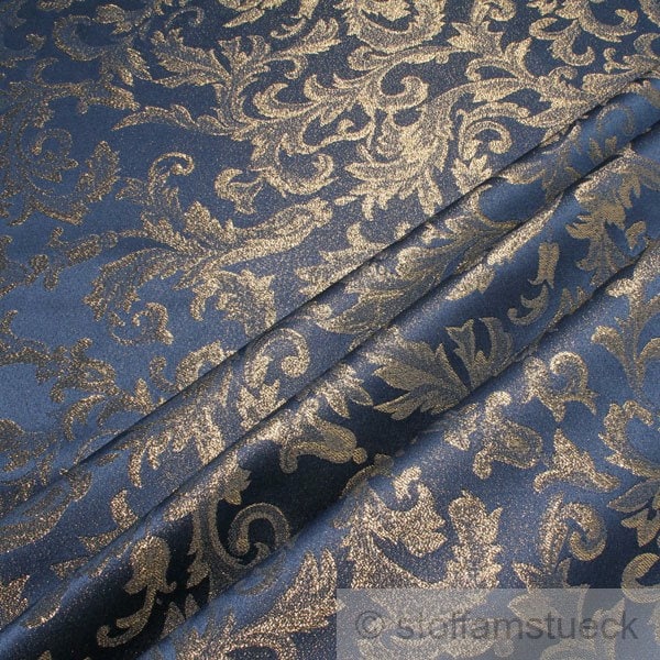 Tissu polyester jacquard ornement bleu or lurex brocart doré baroque rococo 280