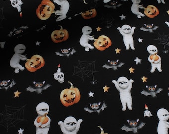 0.5 metre Fabric Children's Fabric Cotton Elastane Single Jersey Black Bat Halloween Mummy Skull Stretchy Soft