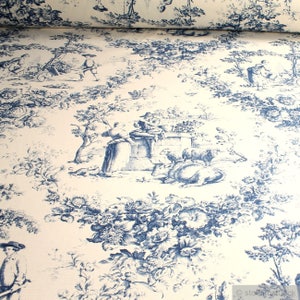 Tela Algodón Rips Toile de Jouy Rosas azul crudo rural 280 cm de ancho