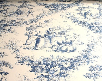 Tissu reps coton Toile de Jouy roses écru bleu rural 280 cm de large