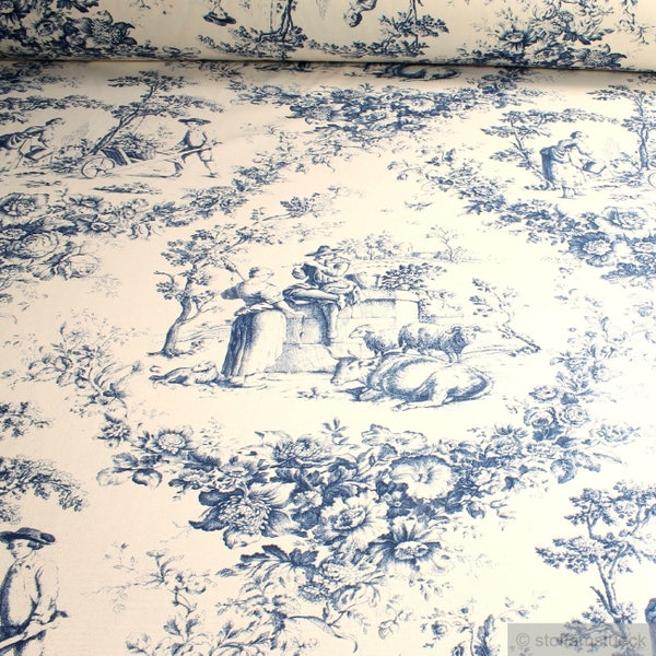 Fabric pure cotton rib toile de jouy roses ecru blue rural 280 cm wide