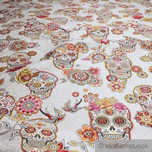 Fabric polyester tapestry ecru skull skulls colourful