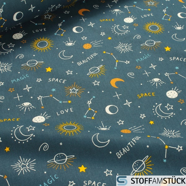 Fabric Children's fabric cotton petrol Universe 160 cm cotton fabric sun moon stars