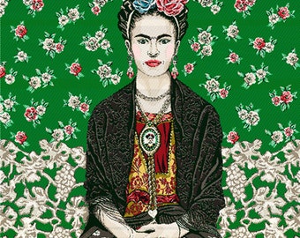 Panneau tissu tapisserie coton polyester vert portrait Carmen 50 x 50 cm