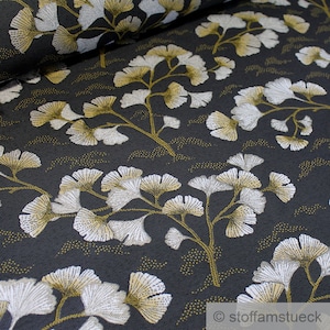 Fabric polyester tapestry anthracite ginkgo leaf silver