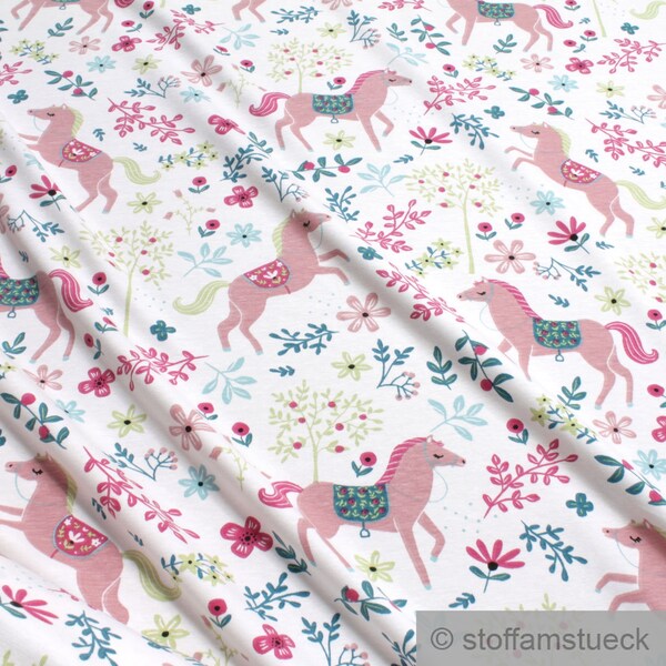 0.5 metre Fabric for children cotton elastane single jersey off-white horse pink