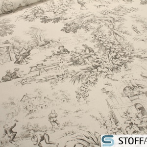 Fabric pure cotton rib Toile de Jouy village beige brown village life