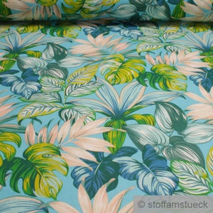 Fabric pure cotton turquoise jungle width 280 cm leaf leaves palm tree philodendron