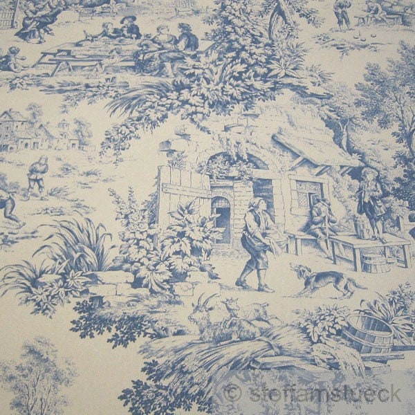 Fabric pure cotton rib Toile de Jouy village beige blue village life