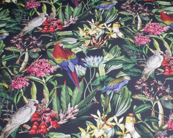 Tissu coton noir jungle perroquet feuille feuilles palmier