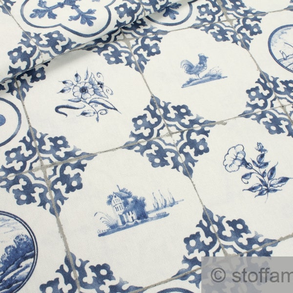 Fabric Cotton Polyester Canvas off-white Delft Tile blue Delft Tiles Delft Blue