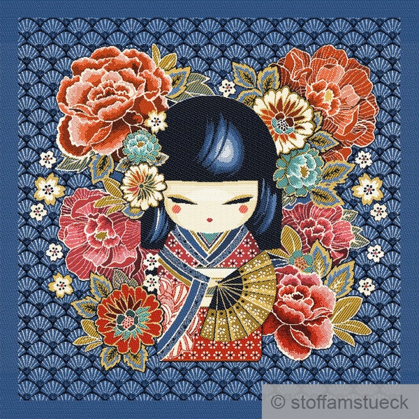 Fabric Cushion Panel Polyester Cotton Tapestry Blue Kokeshi Doll 50 cm x 50 cm Japan Kimono