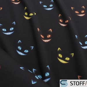 Tessuto da 0,5 metri per bambini, in cotone elastan, jersey singolo, nero, gatto del Cheshire colorato
