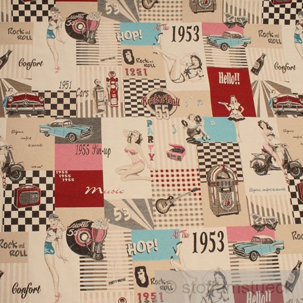 Fabric cotton polyester jacquard 50s fifties rock'n'roll jukebox