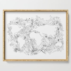 May include: A decorative serving tray with a detailed black and white illustration of a world map filled with marine life. The artwork includes whales, fish, and other sea creatures. The tray has a natural wood frame.