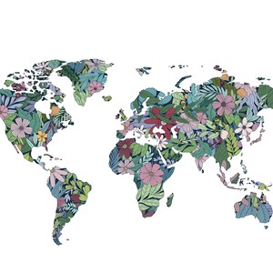 May include: A world map illustration filled with colorful flowers and leaves. The continents are outlined in a variety of floral patterns, including pink, green, and blue hues, set against a white background. The artwork is a decorative representation of the world.