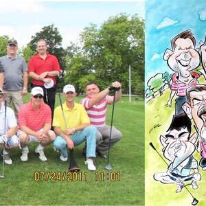 May include: A group of men in golf attire stand on a green golf course. The men are smiling and holding golf clubs. A caricature of the group is shown in the background with the text "W.A.G.S."