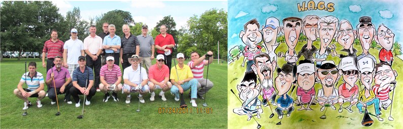 May include: A group of men in golf attire stand on a green golf course. The men are smiling and holding golf clubs. A caricature of the group is shown in the background with the text "W.A.G.S."