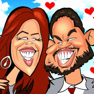 May include: A caricature of a couple, a woman with long red hair and a man with a beard, smiling and looking at each other. The background is a blue sky with white clouds and red hearts.