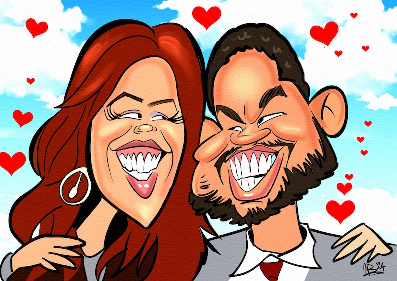 May include: A caricature of a couple, a woman with long red hair and a man with a beard, smiling and looking at each other. The background is a blue sky with white clouds and red hearts.