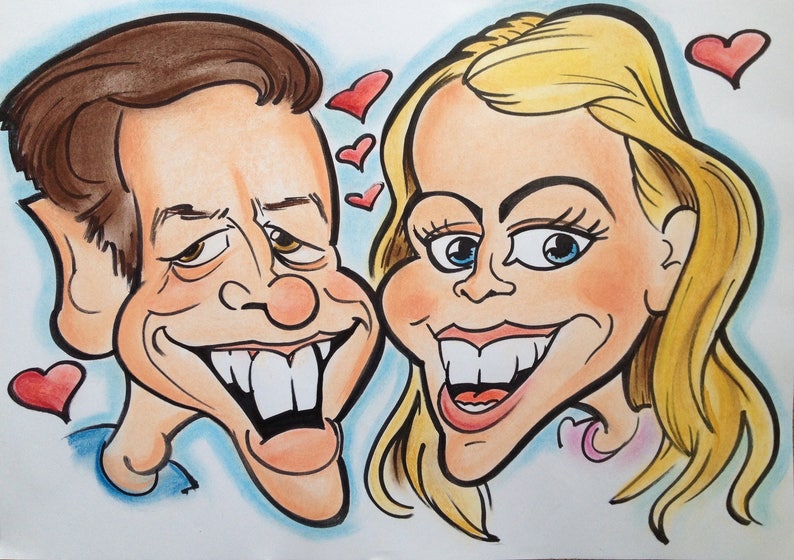 May include: A caricature drawing of a couple, a man and a woman, with exaggerated features. They are smiling and looking at each other. There are red hearts around them.