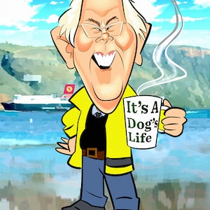 May include: A cartoon illustration of a man with white hair and a yellow jacket holding a coffee mug that says "It's A Dog's Life".
