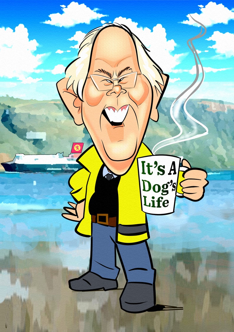 May include: A cartoon illustration of a man with white hair and a yellow jacket holding a coffee mug that says "It's A Dog's Life".