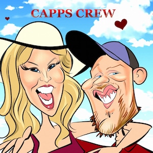 May include: A caricature of a couple with the text "CAPPS CREW" above them. The woman is wearing a white hat and a red shirt. The man is wearing a blue baseball cap and a red shirt. They are both smiling and have exaggerated features.