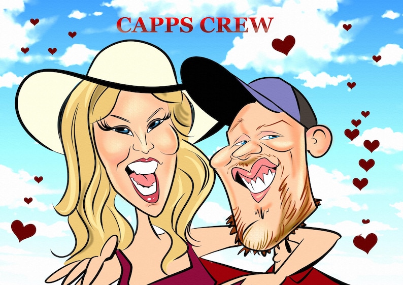 May include: A caricature of a couple with the text "CAPPS CREW" above them. The woman is wearing a white hat and a red shirt. The man is wearing a blue baseball cap and a red shirt. They are both smiling and have exaggerated features.