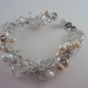 SOLD - Wedding White Freshwater Pearls, Crystal & Glass Twisted Metal Bracelet
