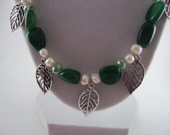 Green Agate, White Freshwater Pearls & Green Crystals with Leaf Charms Necklace