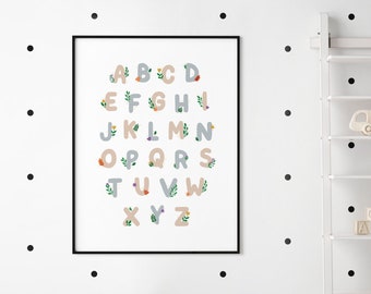 Woodland Themed Alphabet Print for Kids Room or Nursery Neutral Floral Forest ABC Poster with Autumnal Leaf Illustrations