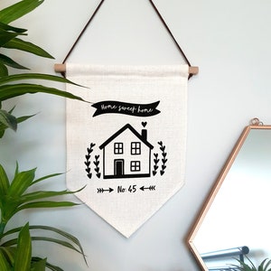 Personalised Home Sweet Home Wall Hanging Motivational Linen Pennant Flag Positive Uplifting Quote Home Decor
