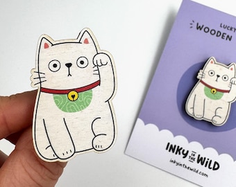 Lucky Cat Wooden Pin Badge/Magnet - Small Good Luck Gift for Friend - Eco Friendly Brooch