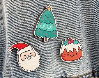 Christmas Wooden Pin/Magnet Set - Pudding Santa Tree - Festive Eco Wooden Brooch