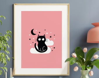 Spooky Black Cat Art Print | Cute Halloween Poster | Mystical Autumn Fall Wall Decor | Alt Wall Art | Cute Witches Cat Illustration