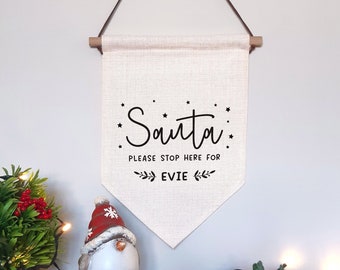 Santa Please Stop Here Banner | Personalised Kids Christmas Wall Hanging with Name | Children's Bedroom | Home Decor | Father Christmas Sign