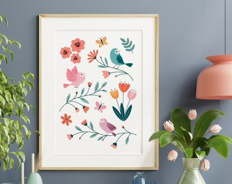 Summer Birds and Flowers Print | Contemporary Flower Art | Modern Home Decor | Summer Interior | Bold Bloom Botanical Print